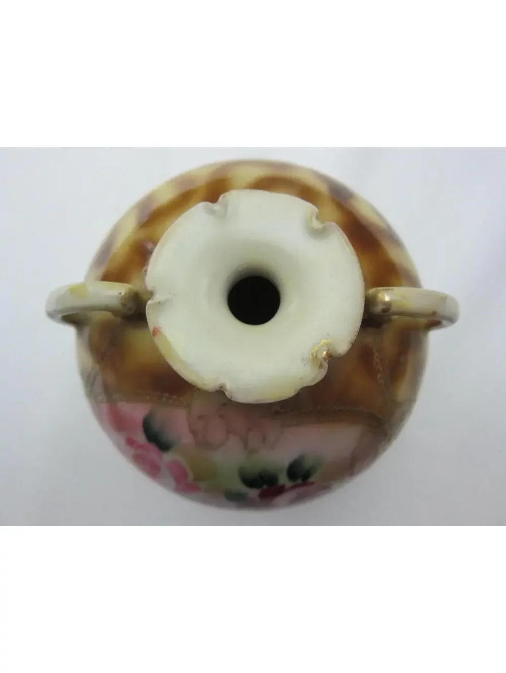 Vintage Nippon Round Vase w/ Handles, Hand Painted Roses Floral Gold Gilded Bead
